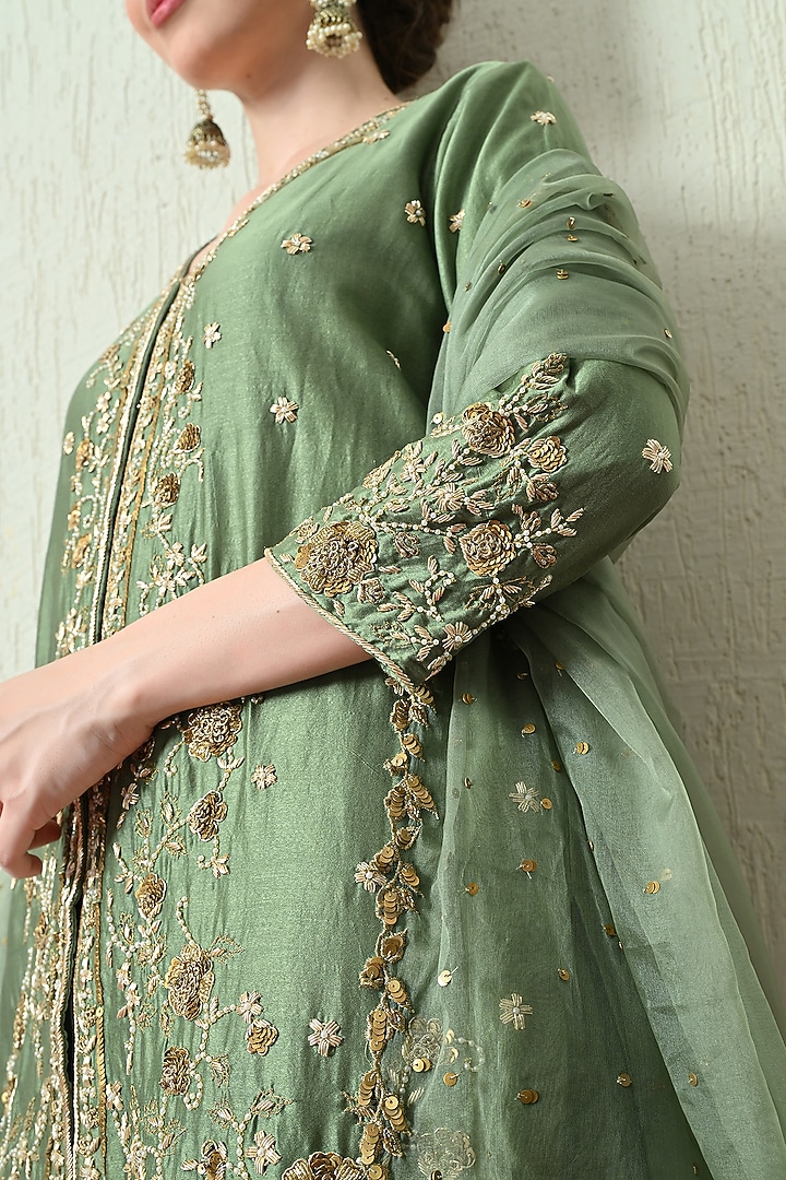 Sage Green Chanderi Silk Wedding Sharara Set by OHH CROW INDIA at Pernia's Pop Up Shop