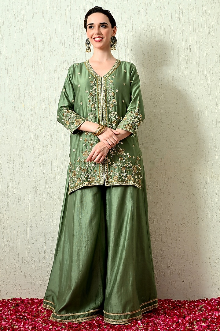 Sage Green Chanderi Silk Wedding Sharara Set by OHH CROW INDIA at Pernia's Pop Up Shop