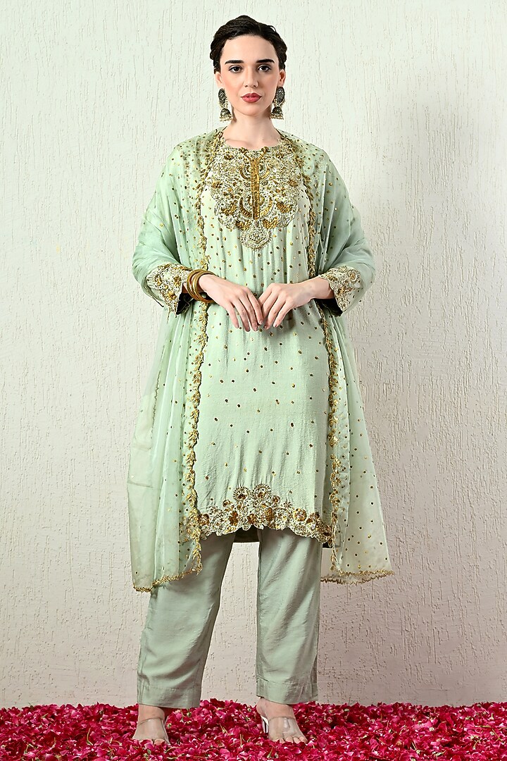 Mint Green Chanderi Silk Embroidered Kurta Set by OHH CROW INDIA at Pernia's Pop Up Shop