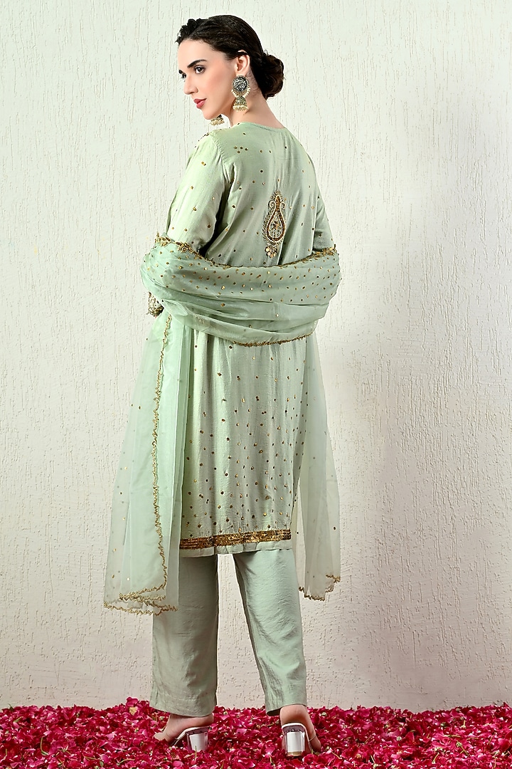 Mint Green Chanderi Silk Embroidered Kurta Set by OHH CROW INDIA at Pernia's Pop Up Shop