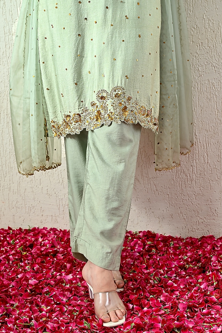 Mint Green Chanderi Silk Embroidered Kurta Set by OHH CROW INDIA at Pernia's Pop Up Shop