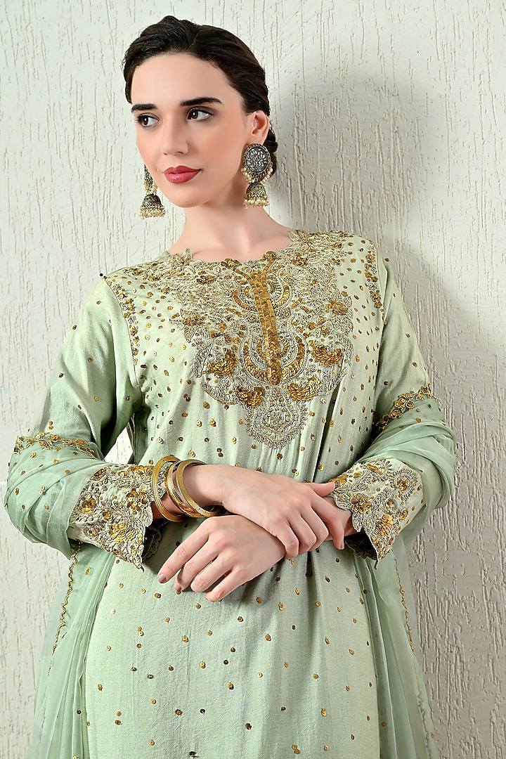 Mint Green Chanderi Silk Embroidered Kurta Set by OHH CROW INDIA at Pernia's Pop Up Shop