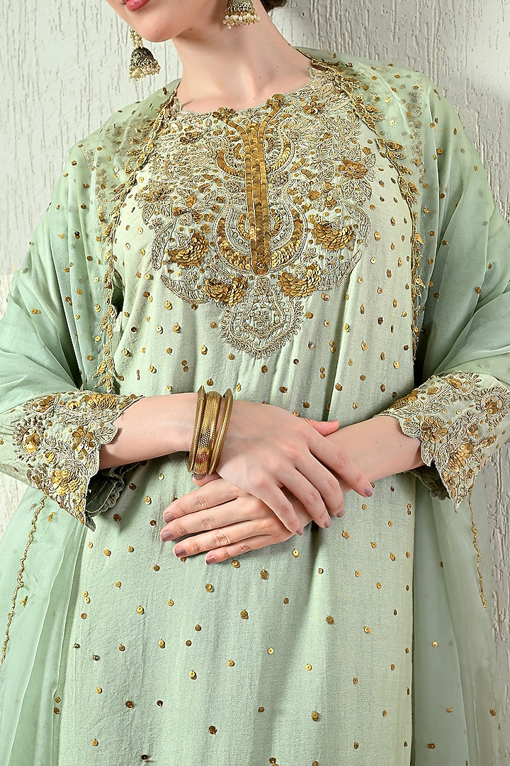 Mint Green Chanderi Silk Embroidered Kurta Set by OHH CROW INDIA at Pernia's Pop Up Shop