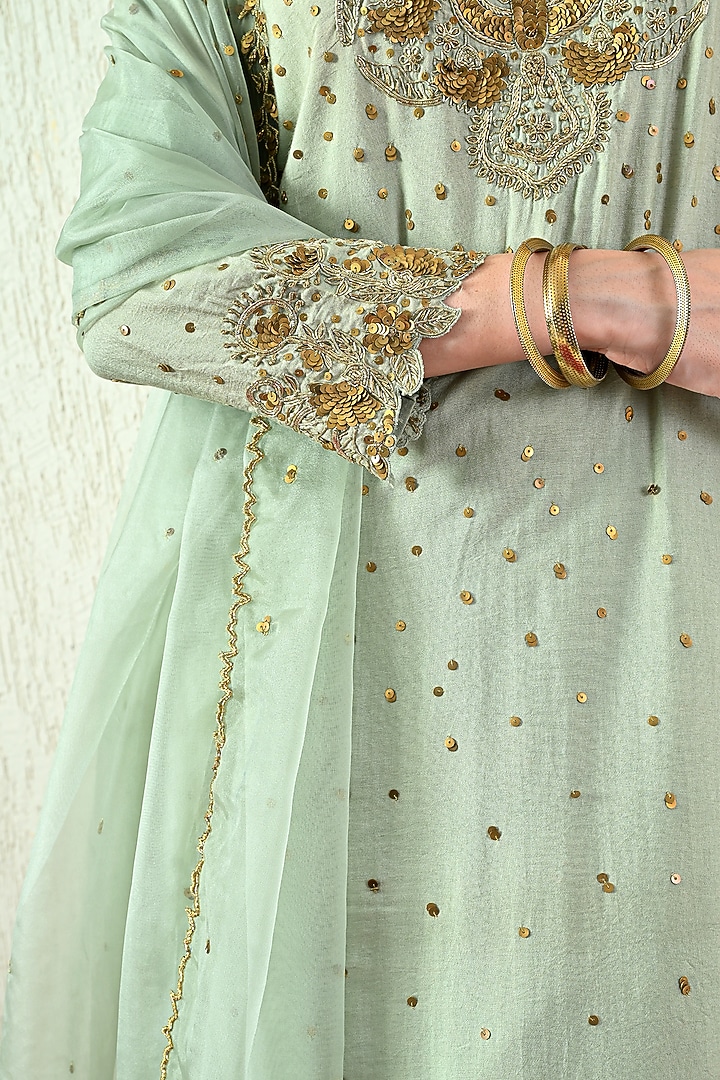 Mint Green Chanderi Silk Embroidered Kurta Set by OHH CROW INDIA at Pernia's Pop Up Shop