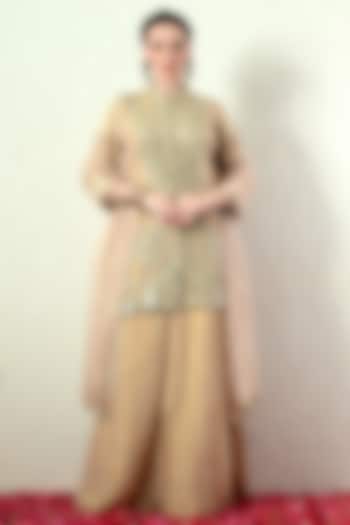 Sand-Colored Tissue Silk Wedding Sharara Set by OHH CROW INDIA at Pernia's Pop Up Shop