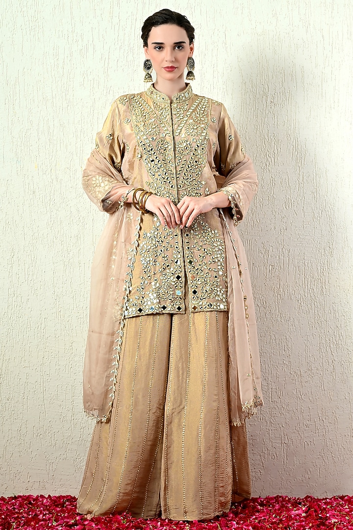Sand-Colored Tissue Silk Wedding Sharara Set by OHH CROW INDIA at Pernia's Pop Up Shop