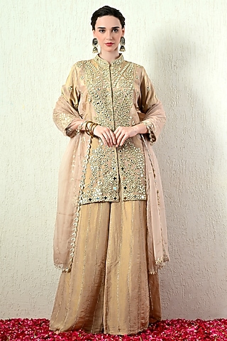 Sand-Colored Tissue Silk Sharara Set by OHH CROW INDIA
