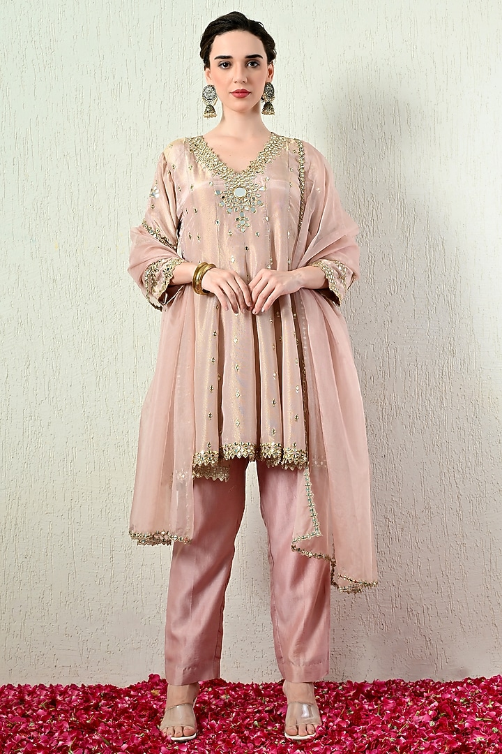 Powder Pink Tissue Silk Embroidered Peplum Kurta Set by OHH CROW INDIA at Pernia's Pop Up Shop