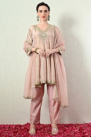Powder Pink Tissue Silk Embroidered Peplum Kurta Set by OHH CROW INDIA