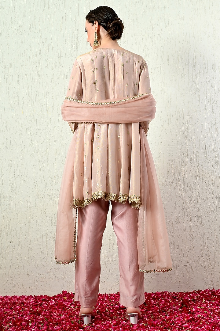 Powder Pink Tissue Silk Embroidered Peplum Kurta Set by OHH CROW INDIA at Pernia's Pop Up Shop