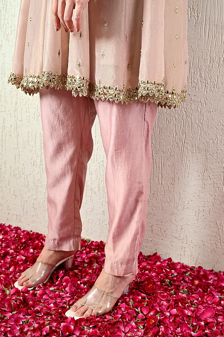 Powder Pink Tissue Silk Embroidered Peplum Kurta Set by OHH CROW INDIA at Pernia's Pop Up Shop