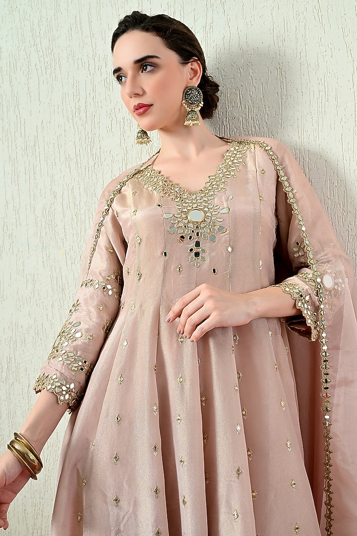 Powder Pink Tissue Silk Embroidered Peplum Kurta Set by OHH CROW INDIA at Pernia's Pop Up Shop