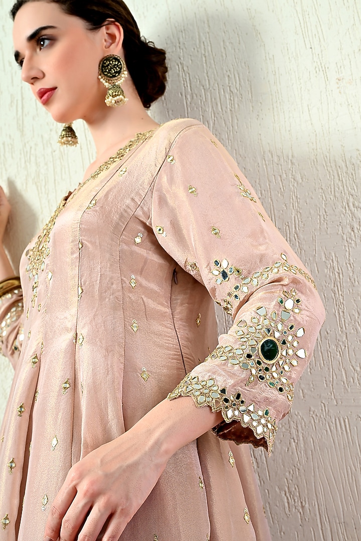 Powder Pink Tissue Silk Embroidered Peplum Kurta Set by OHH CROW INDIA at Pernia's Pop Up Shop