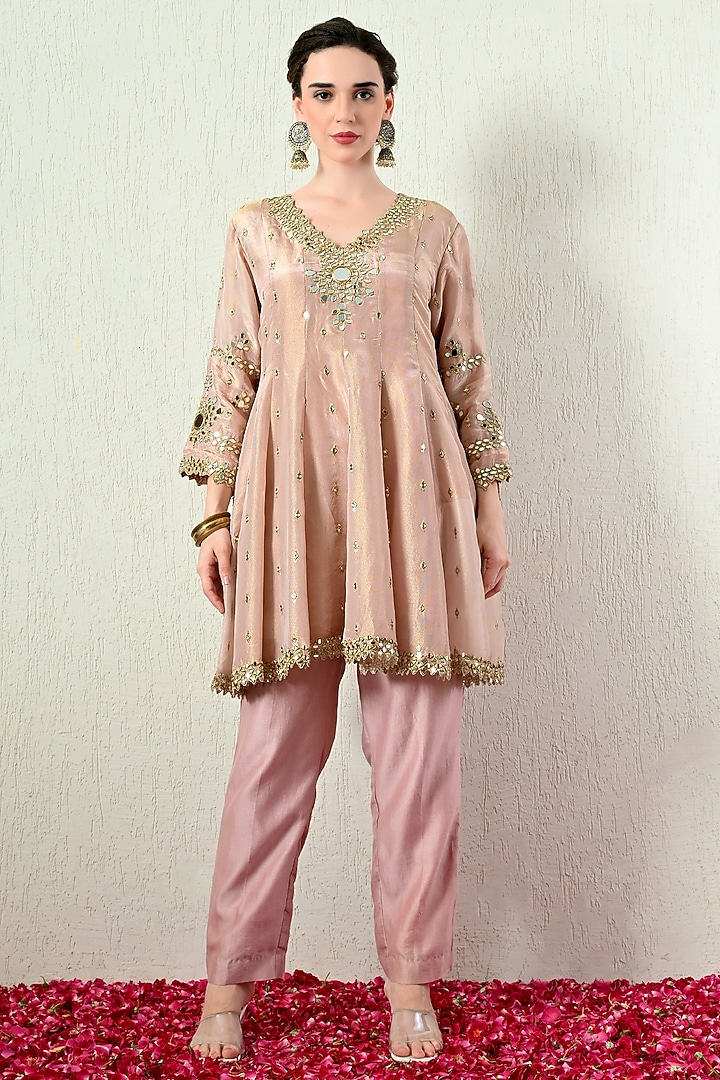 Powder Pink Tissue Silk Embroidered Peplum Kurta Set by OHH CROW INDIA at Pernia's Pop Up Shop