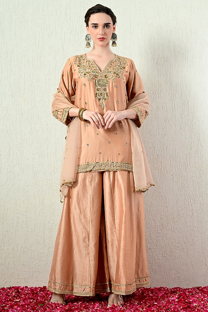 Rose Gold Chanderi Silk Wedding Sharara Set by OHH CROW INDIA at Pernia's Pop Up Shop