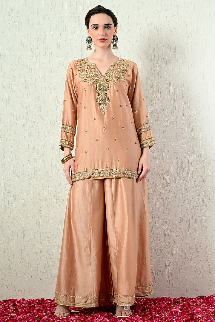 Rose Gold Chanderi Silk Wedding Sharara Set by OHH CROW INDIA at Pernia's Pop Up Shop