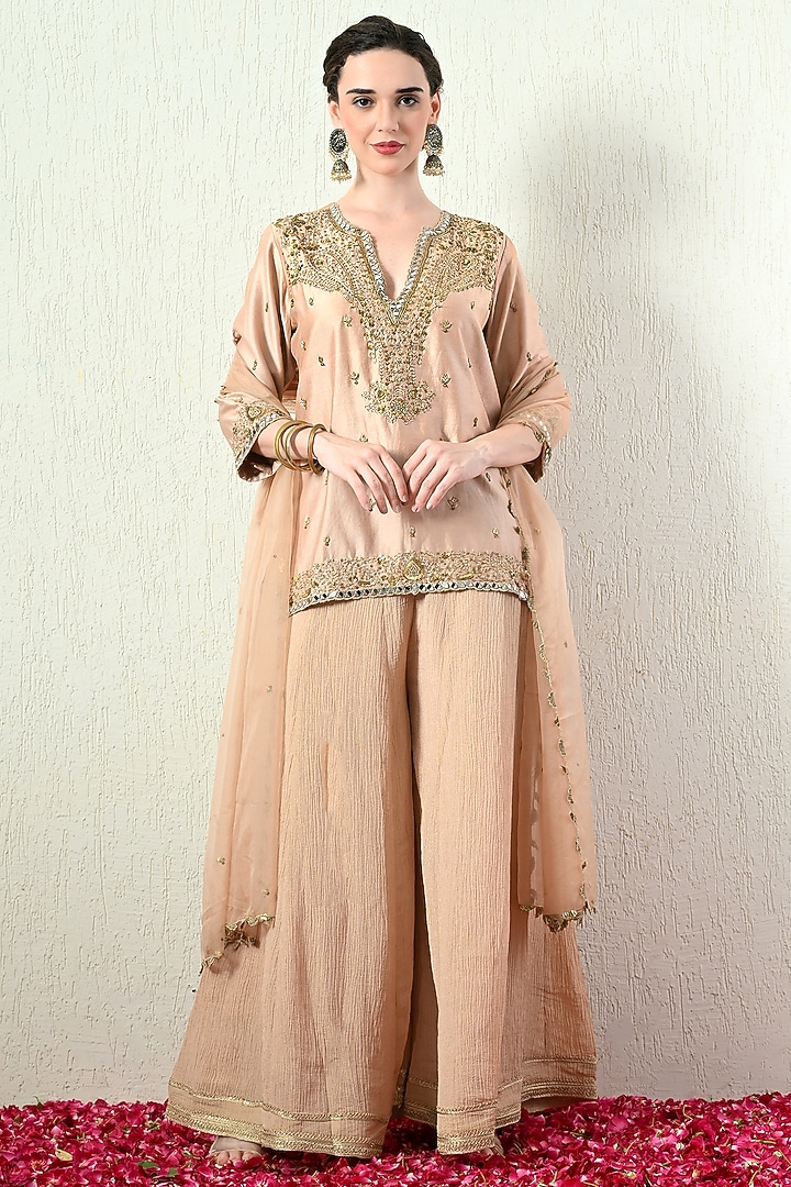 Rose Gold Crushed Tissue Wedding Sharara Set by OHH CROW INDIA at Pernia's Pop Up Shop