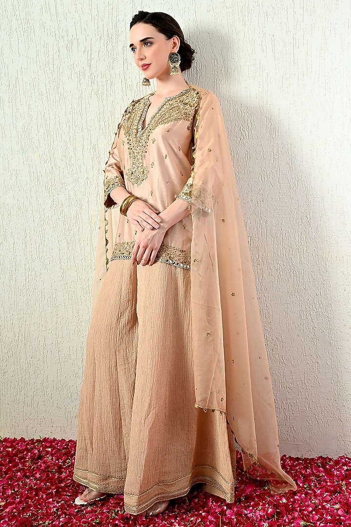 Rose Gold Crushed Tissue Wedding Sharara Set by OHH CROW INDIA at Pernia's Pop Up Shop