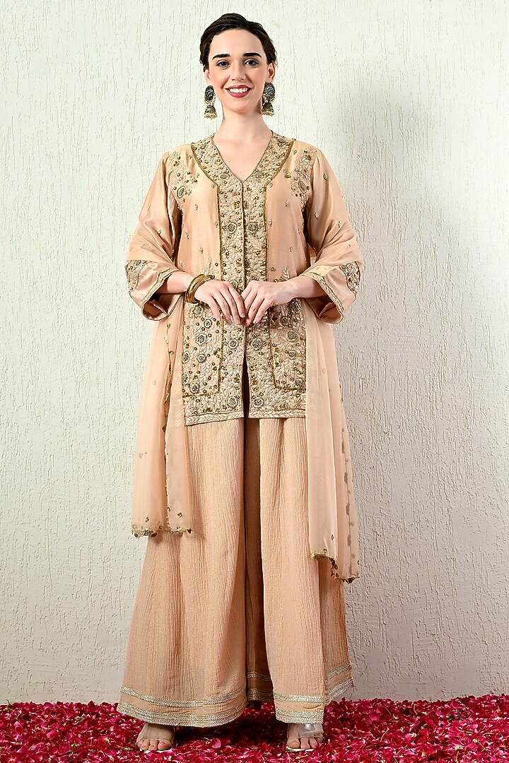 Rose Gold Chanderi Silk Hand Embroidered Short Kurta Set by OHH CROW INDIA at Pernia's Pop Up Shop