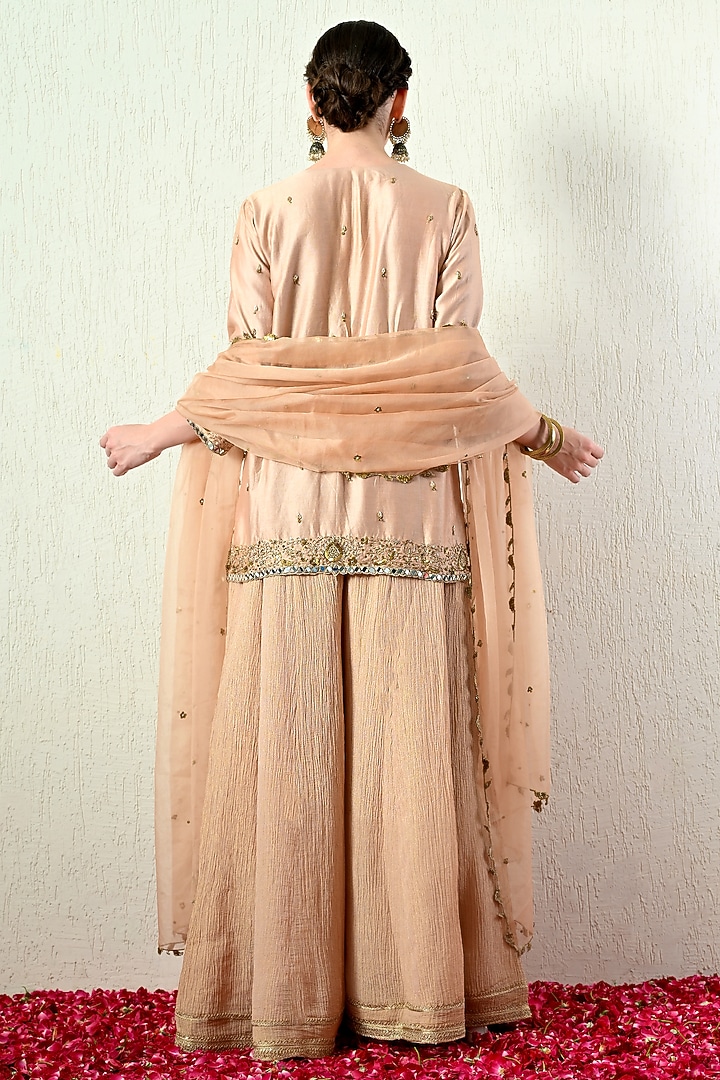 Rose Gold Chanderi Silk Hand Embroidered Short Kurta Set by OHH CROW INDIA at Pernia's Pop Up Shop