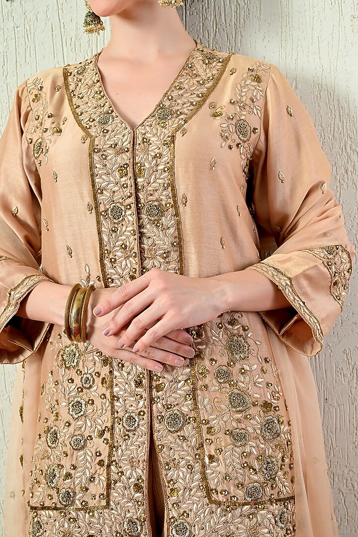 Rose Gold Chanderi Silk Hand Embroidered Short Kurta Set by OHH CROW INDIA at Pernia's Pop Up Shop