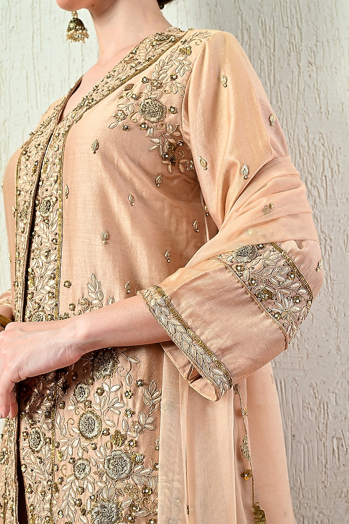 Rose Gold Chanderi Silk Hand Embroidered Short Kurta Set by OHH CROW INDIA at Pernia's Pop Up Shop