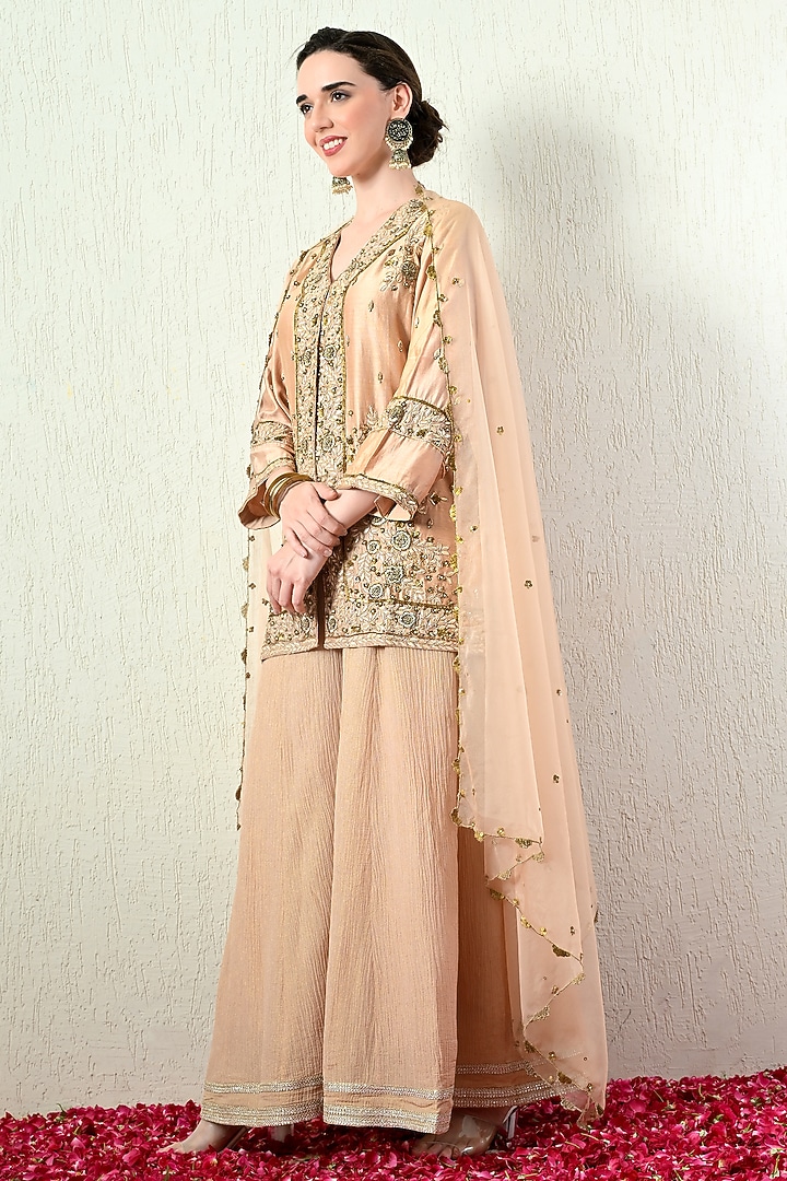 Rose Gold Chanderi Silk Hand Embroidered Short Kurta Set by OHH CROW INDIA at Pernia's Pop Up Shop