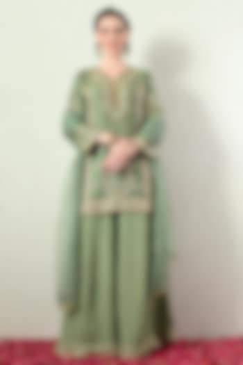 Sage Green Chanderi Silk Hand Embroidered Short Kurta Set by OHH CROW INDIA at Pernia's Pop Up Shop