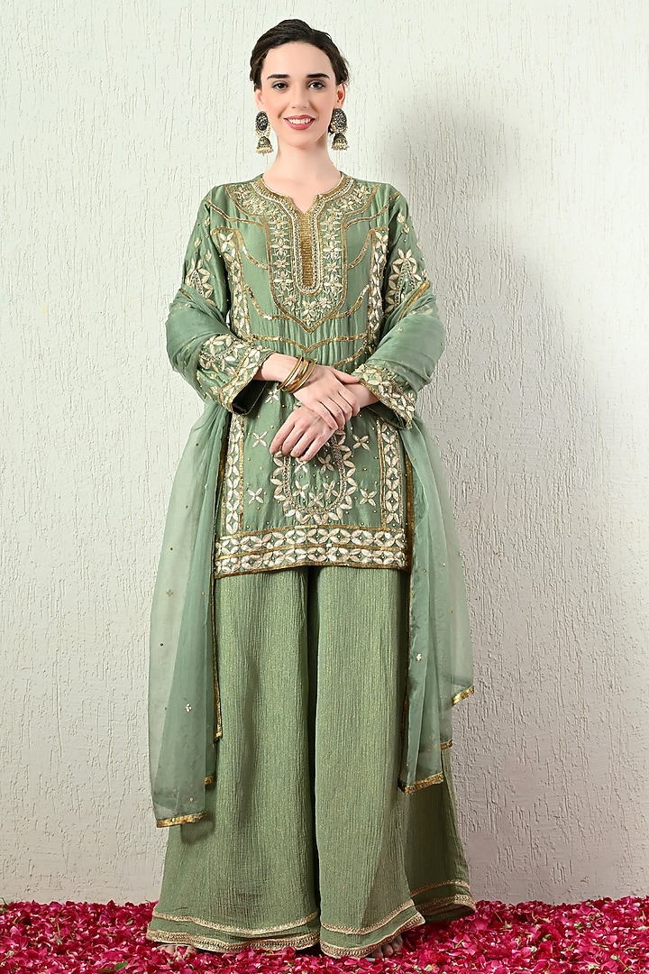 Sage Green Chanderi Silk Hand Embroidered Short Kurta Set by OHH CROW INDIA at Pernia's Pop Up Shop