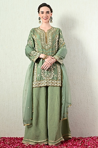 Sage Green Chanderi Silk Hand Embroidered Short Kurta Set by OHH CROW INDIA