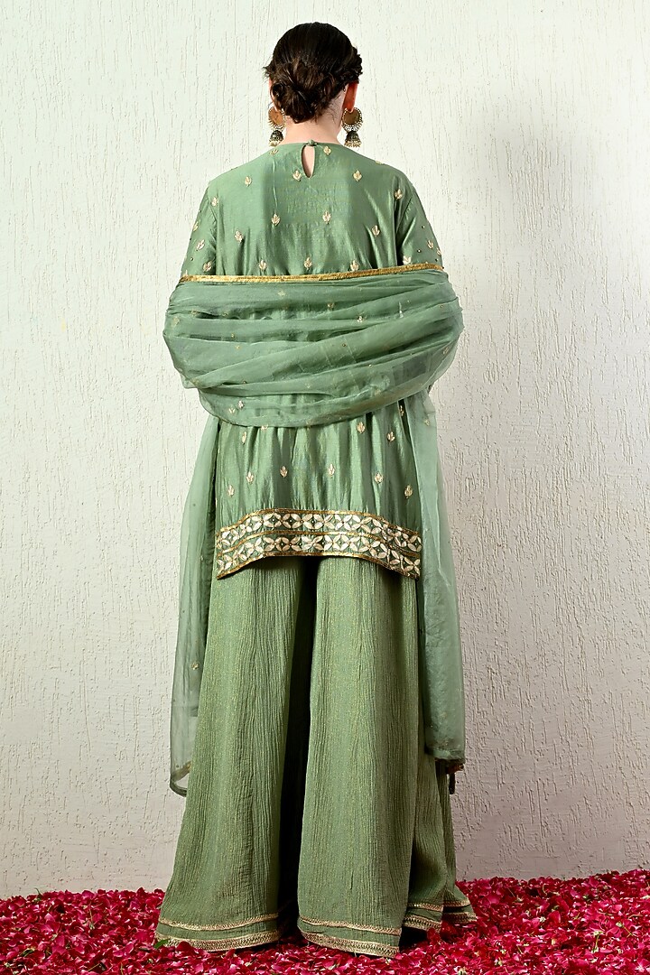 Sage Green Chanderi Silk Hand Embroidered Short Kurta Set by OHH CROW INDIA at Pernia's Pop Up Shop