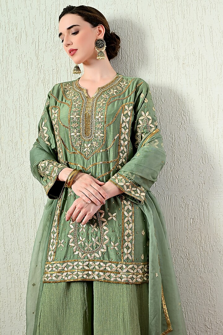 Sage Green Chanderi Silk Hand Embroidered Short Kurta Set by OHH CROW INDIA at Pernia's Pop Up Shop