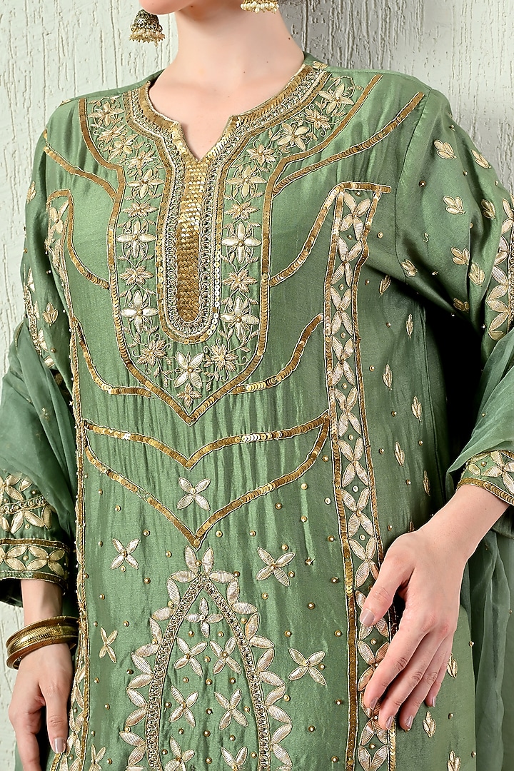 Sage Green Chanderi Silk Hand Embroidered Short Kurta Set by OHH CROW INDIA at Pernia's Pop Up Shop