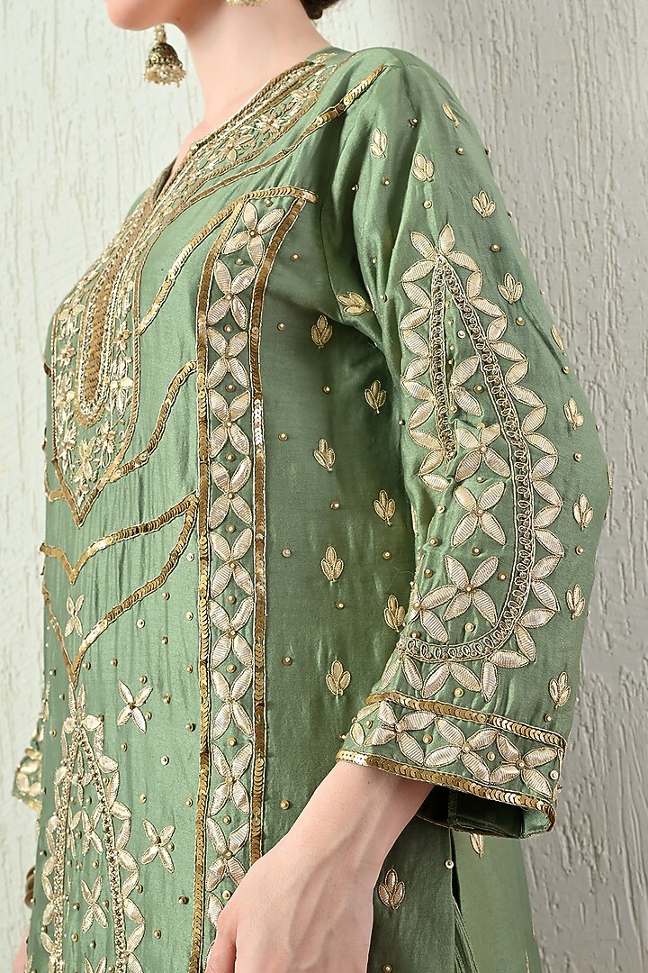 Sage Green Chanderi Silk Hand Embroidered Short Kurta Set by OHH CROW INDIA at Pernia's Pop Up Shop