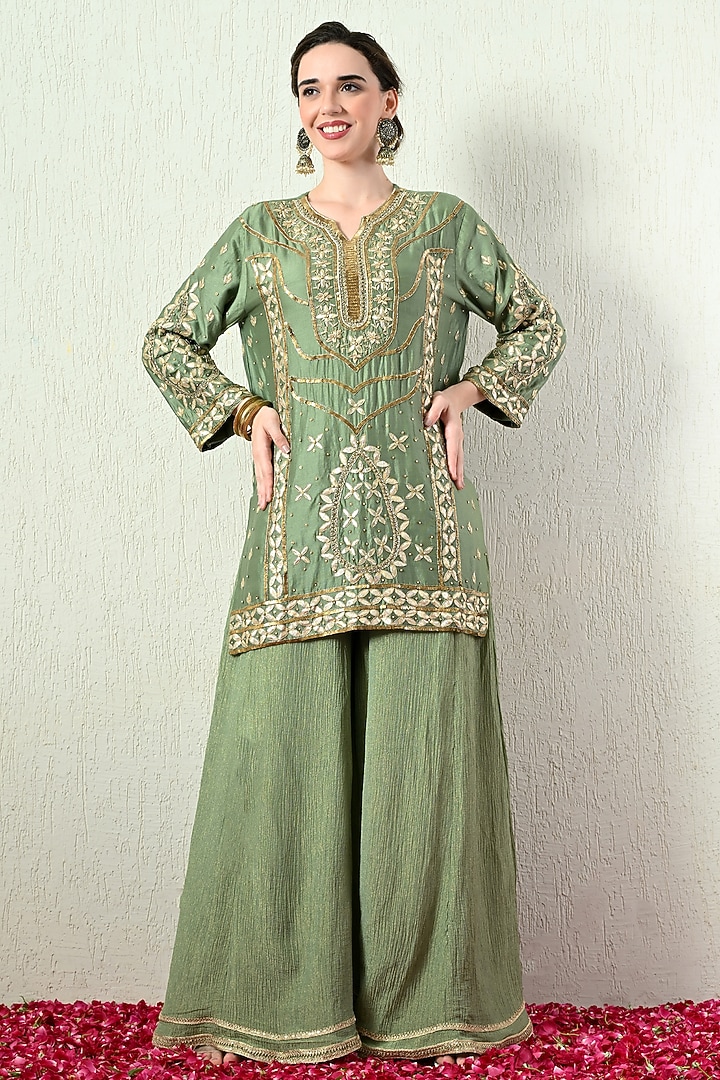 Sage Green Chanderi Silk Hand Embroidered Short Kurta Set by OHH CROW INDIA at Pernia's Pop Up Shop