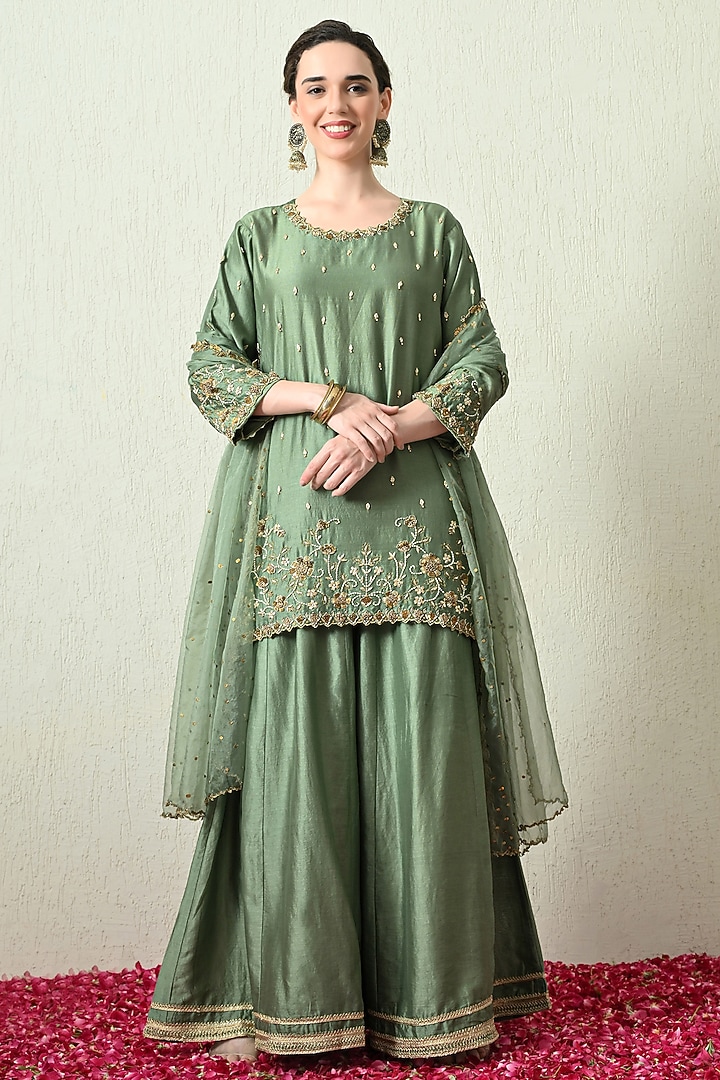 Sage Green Chanderi Silk Wedding Sharara Set by OHH CROW INDIA at Pernia's Pop Up Shop