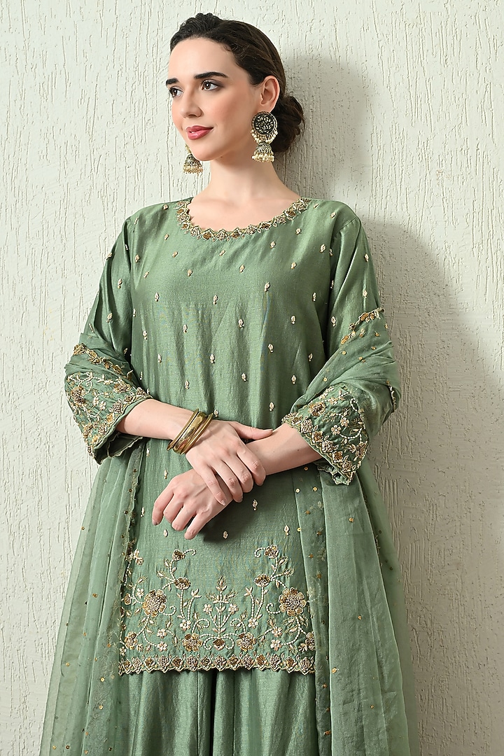 Sage Green Chanderi Silk Wedding Sharara Set by OHH CROW INDIA at Pernia's Pop Up Shop