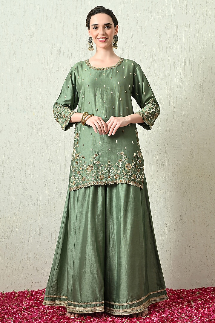 Sage Green Chanderi Silk Wedding Sharara Set by OHH CROW INDIA at Pernia's Pop Up Shop