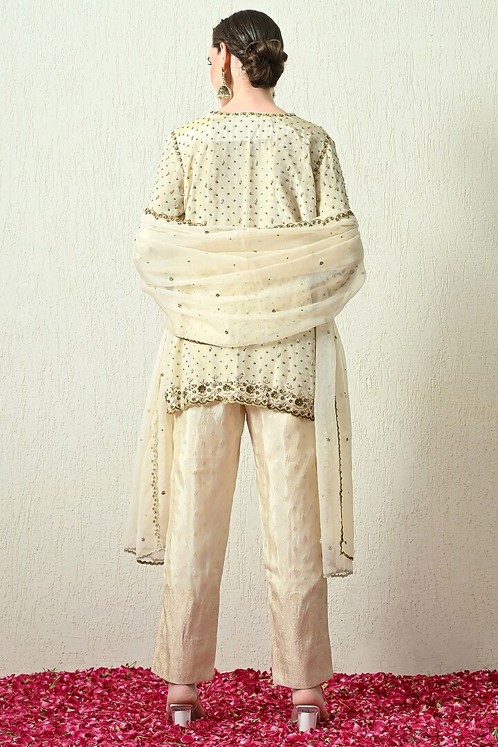 Ivory Tissue Silk Hand Embroidered Short Kurta Set by OHH CROW INDIA at Pernia's Pop Up Shop