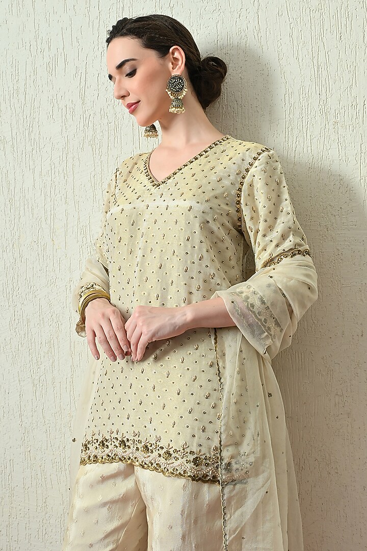Ivory Tissue Silk Hand Embroidered Short Kurta Set by OHH CROW INDIA at Pernia's Pop Up Shop