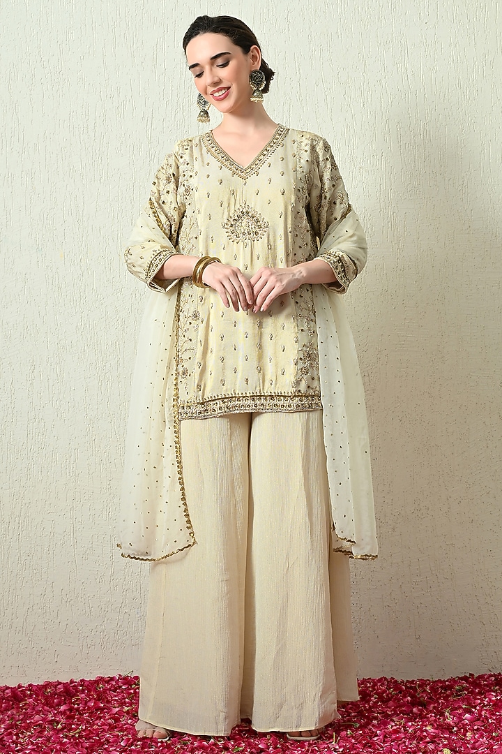 Ivory Crushed Tissue Wedding Sharara Set by OHH CROW INDIA at Pernia's Pop Up Shop
