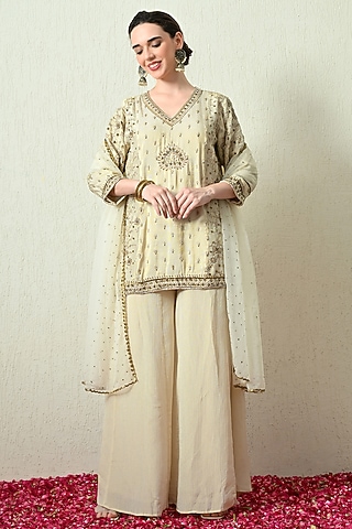 Ivory Crushed Tissue Sharara Set by OHH CROW INDIA