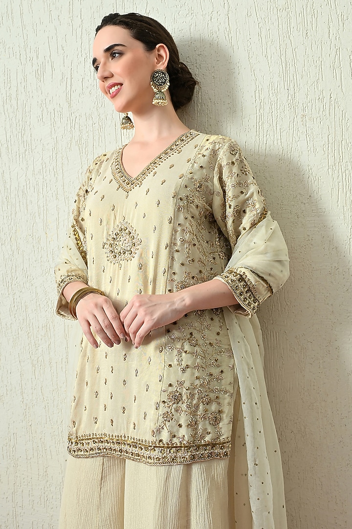 Ivory Crushed Tissue Wedding Sharara Set by OHH CROW INDIA at Pernia's Pop Up Shop
