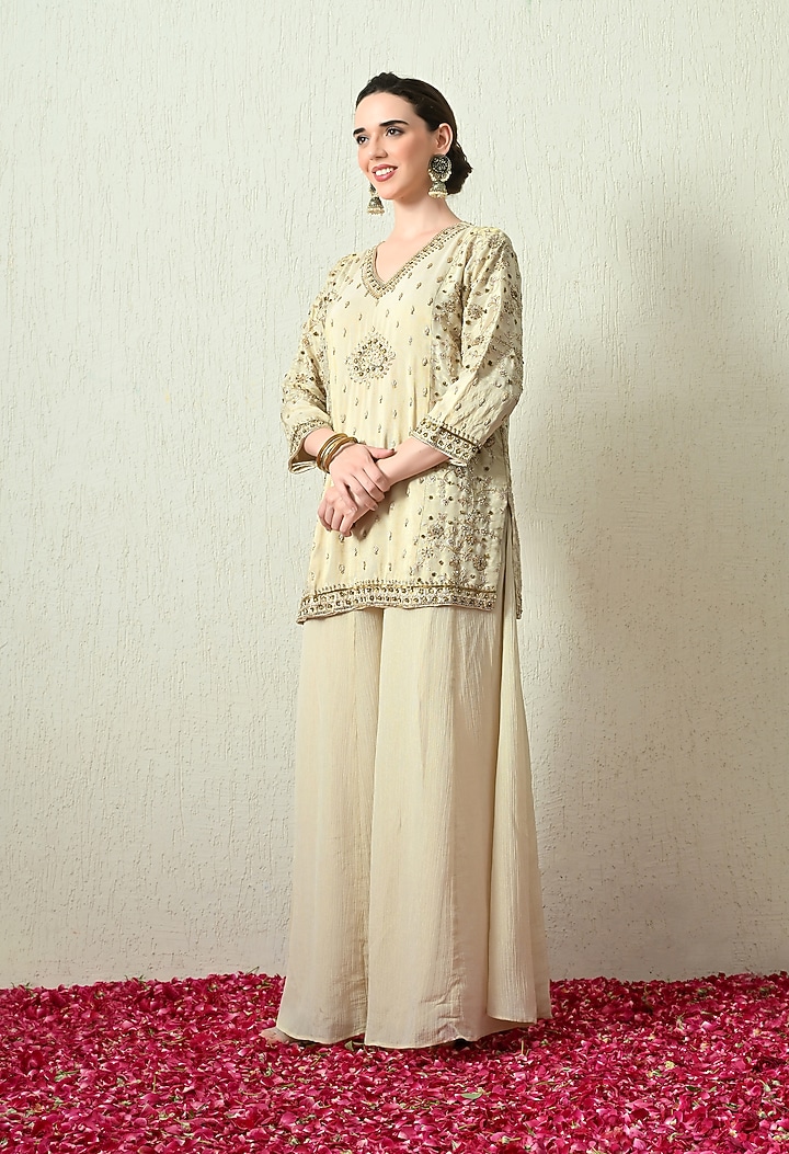 Ivory Crushed Tissue Wedding Sharara Set by OHH CROW INDIA at Pernia's Pop Up Shop