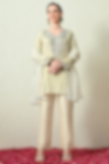 Ivory Crushed Tissue Silk Hand Embroidered Short Kurta Set by OHH CROW INDIA at Pernia's Pop Up Shop