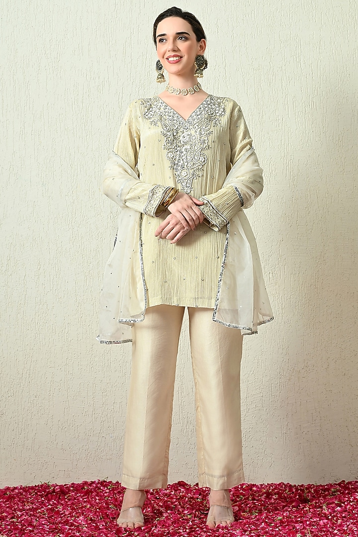 Ivory Crushed Tissue Silk Hand Embroidered Short Kurta Set by OHH CROW INDIA at Pernia's Pop Up Shop