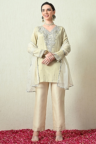 Ivory Crushed Tissue Silk Hand Embroidered Short Kurta Set by OHH CROW INDIA