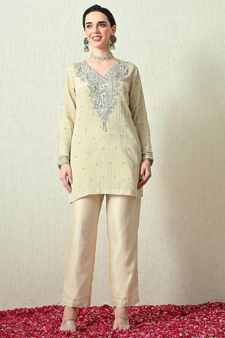 Ivory Crushed Tissue Silk Hand Embroidered Short Kurta Set by OHH CROW INDIA at Pernia's Pop Up Shop