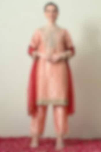 Peach Raw Silk Hand Embroidered Kurta Set by OHH CROW INDIA at Pernia's Pop Up Shop