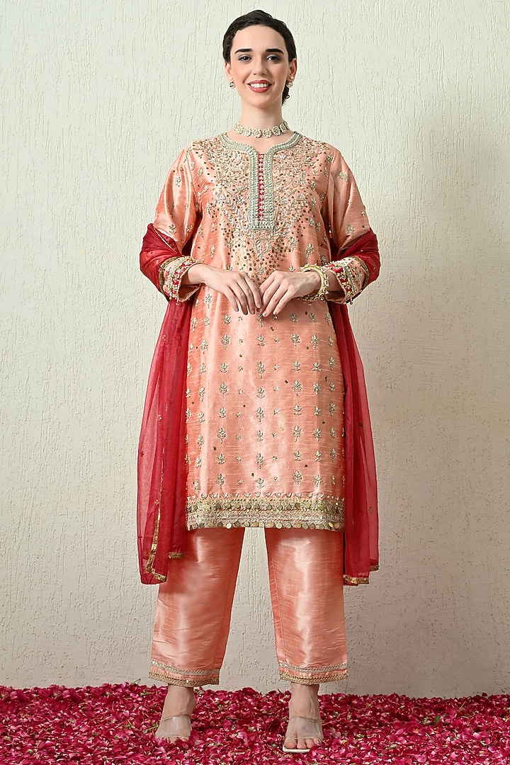 Peach Raw Silk Hand Embroidered Kurta Set by OHH CROW INDIA at Pernia's Pop Up Shop